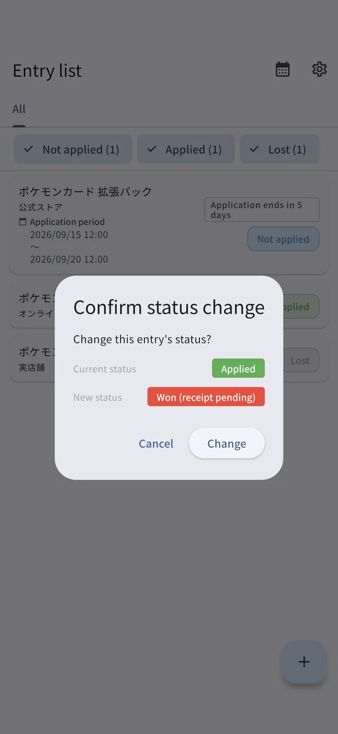 Confirmation dialog for changing an entry status from the list screen